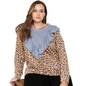 Slickblue Women's Plus Size Contrast Washed Denim Top with Ruffle Yoke and Leopard Design, Brown Denim, 1XL-3XL - 1 of 4