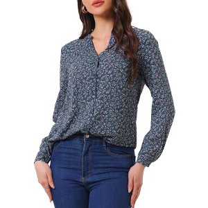 Allegra K Women's Floral Loose V Neck Long Sleeve Button-Up Shirt - 1 of 4