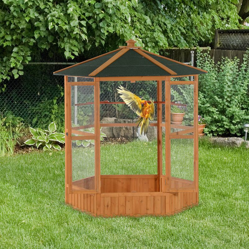 PawHut 69" Large Wooden Hexagonal Outdoor Aviary Flight Bird Cage With Covered Roof, 3 of 9