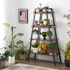 VECELO 4-Tier Metal Ladder Shelf, Multifunctional Ladder Bookshelf Plant Flower Stand Storage Rack Shelves Bookcase, Brown - 1 of 4