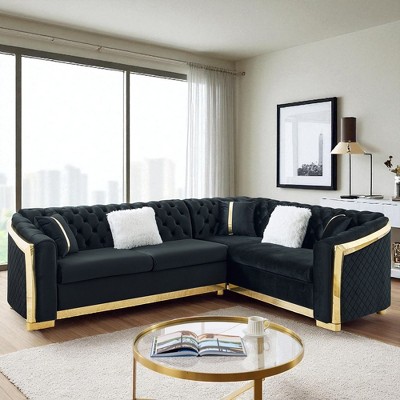 106" L-Shaped Chesterfield Sectional Sofa with Gold Stainless Steel Accents, Velvet Button Tufted Design & 5 Pillows for Luxury Living Room