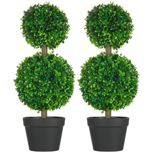 HOMCOM Artificial Boxwood Topiary Trees, Set of 2 Potted Indoor Outdoor Fake Plants for Home Office & Living Room Decor - 1 of 4