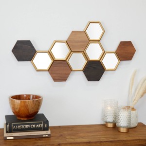 Wood Geometric Honeycomb Wall Decor with Mirrors Brown - CosmoLiving by Cosmopolitan: Reflective Artwork, Carved, Indoor Use - 1 of 4