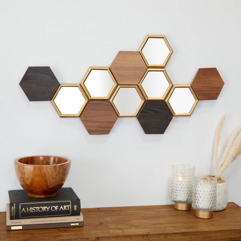 Wood Geometric Honeycomb Wall Decor with Mirrors Brown - CosmoLiving by Cosmopolitan, 1 of 6