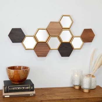 Wood Geometric Honeycomb Wall Decor with Mirrors Brown - CosmoLiving by Cosmopolitan