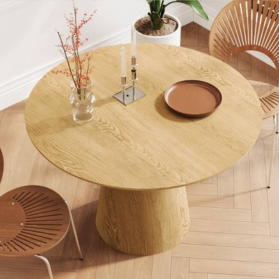 43" Modern Round Indoor Wooden Dining Table,Dining Table With MDF Tabletop,Natural Wood Pedestal Round Kitchen Dining Table-Coolbibila