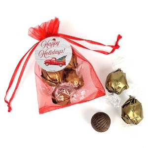 Happy Holidays Red Truck Red Organza Bag Favor Filled With Milk Chocolate Dubai Truffles For Gifting, Holiday Favors, Party Giveaways & More - 1 of 4