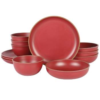 Gibson Home Rockabye 12 Piece Double Bowl Malemine Dinnerware Set in Red