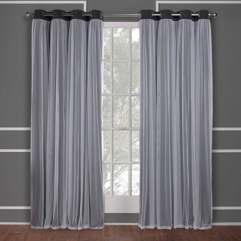 Set of 2 Caterina Layered Solid Blackout with sheer top Curtain Panels Black Pearl - Exclusive Home, 1 of 11