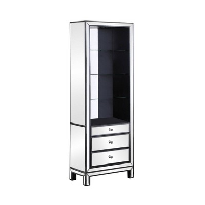 3 Drawer Mirrored Media Tower with Adjustable Glass Shelves Silver - Benzara