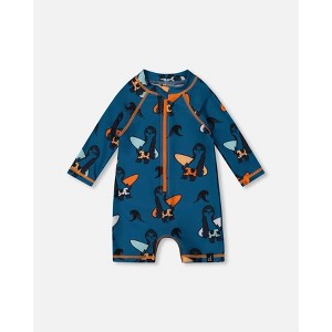Deux par Deux Boy Printed Long Sleeve One-Piece Rashguard Orange Sloths on Navy Blue - 1 of 4