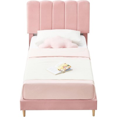Twin Boucle Upholstered Platform Bed Frame with Wave Headboard, Low-Profile Design, Wooden Slats Support, No Box Spring Needed, Easy Assembly