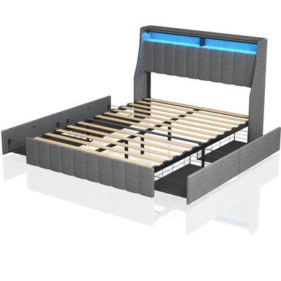 Streamdale Full Size Bed Frame with LED, 4 Under-bed Portable Storage Drawers, Wings Headboard Design, Light Grey