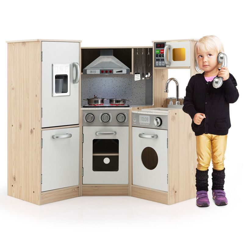 Costway Kids Corner Wooden Kitchen Playset Pretend Cooking Toy w/ Cookware Accessories, 1 of 10