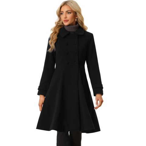 Allegra K Women's Winter Vintage Collared A-Line Double Breasted Long Swing Overcoat Large Black
