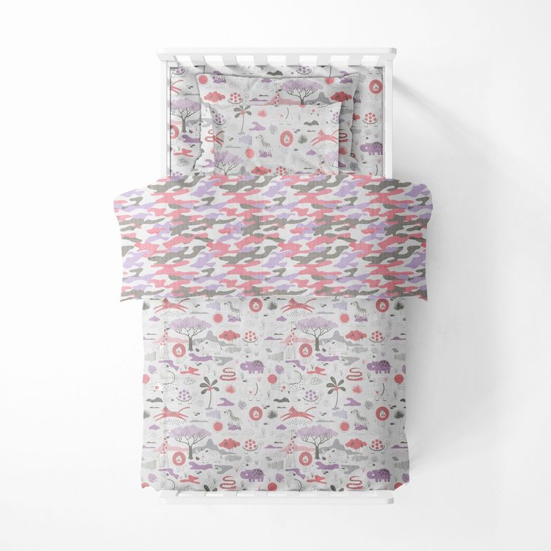 Bacati - Jungle Safari Girls Lilac/Coral Muslin 5 pc Toddler Bedding Set with Dec Pillow, 3 of 10