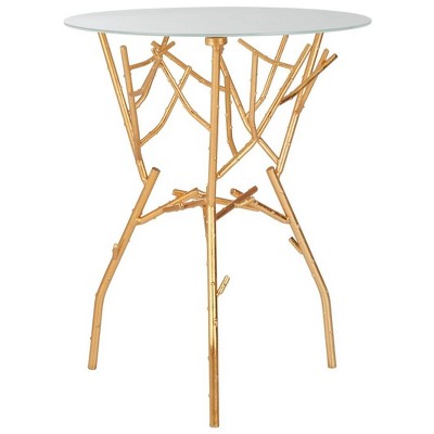 Round White Glass and Gold Metal Mirrored Accent Table