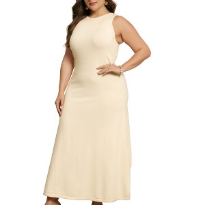 Agnes Orinda Women's Plus Size Knit Crewneck Sleeveless Casual Midi Sweater Dresses - 1 of 4