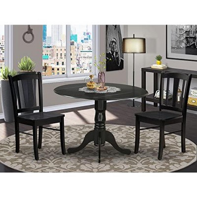 East West Furniture - DLDL3-BLK-W - 3-Pc Dining Table Set - 2 Wood Kitchen Chairs and 1 Drops Leaf Kitchen Table - Black Finish