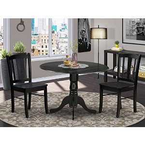 East West Furniture - DLDL3-BLK-W - 3-Pc Dining Table Set - 2 Wood Kitchen Chairs and 1 Drops Leaf Kitchen Table - Black Finish - 1 of 4