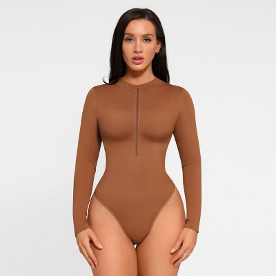 Feelingirl Women's Zipper Up Deep V Neck Bodysuits for Women Long Sleeve Shapewear Bodysuit