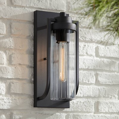Bogota 15.5" Textured Black Outdoor Wall Lights with Clear Ribbed Glass - Set of 2