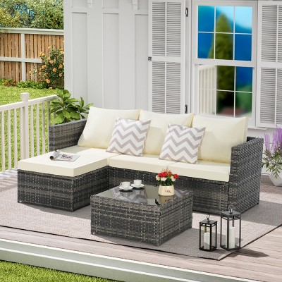 Outdoor Sofa Set, PE Woven Sofa With Cushions, Sectional L- Shaped Sofa, Conversation Set with Ottoman, Detachable Lounger Table-Coolbibila