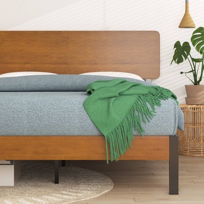 Twin Brown Wood and Metal Platform Bed Frame with Headboard