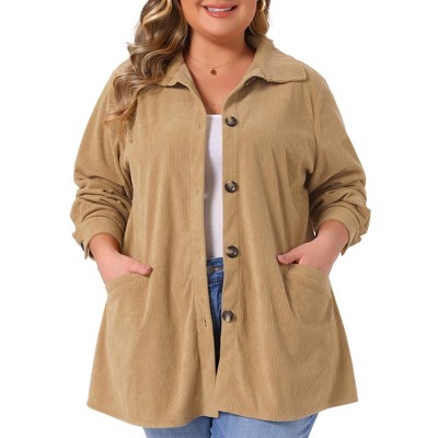 Women's Plus Size Corduroy Lapel Button Down Long Sleeve Pleated Back Casual Shacket Jacket with Pocket - Agnes Orinda