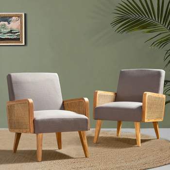 Chloé Cane Accent Chair with Rattan Armrest Upholstered Living Room Arm Chair Set of 2 | Karat Home