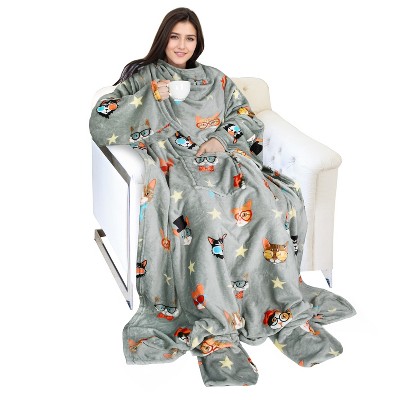 Catalonia Fleece Wearable Blanket with Sleeves and Foot Pockets, Micro Plush Wrap Sleeved Throw Blanket Robe, Super Fuzzy Cozy TV Blanket Throw, Gift