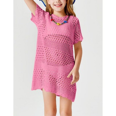 Girls Beach Cover Ups Short Sleeve Boho Crochet Beach Dress Lightweight Sweater Cover Ups for Girls Bathing Suits