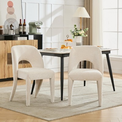 Set of 2 Dining Chairs with Hollow Backrest, Chenille Upholstered Armless Chairs with Metal Frame for Dining Room-Baofuwish