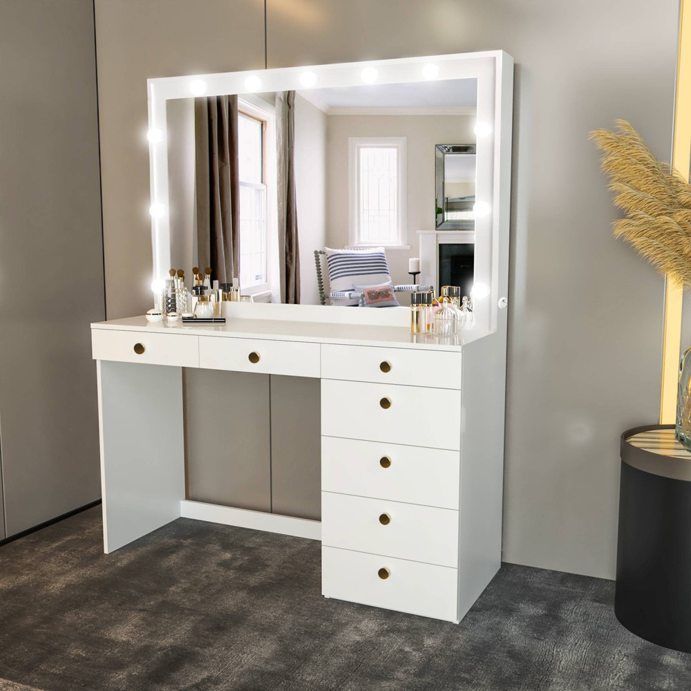 Photos - Bedroom Set Nuit Lighted with Knobs Makeup Vanity White - Boahaus