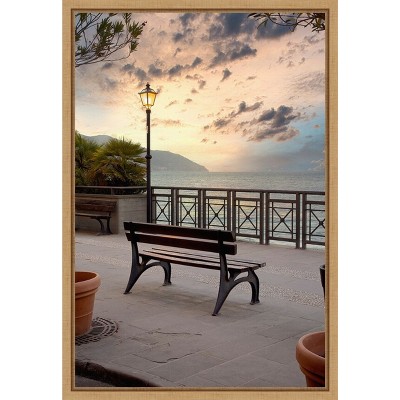 Amanti Art Monterosso Italy Bench at Sunrise by Alan Blaustein Canvas Wall Art Print Framed 16 x 23-in.