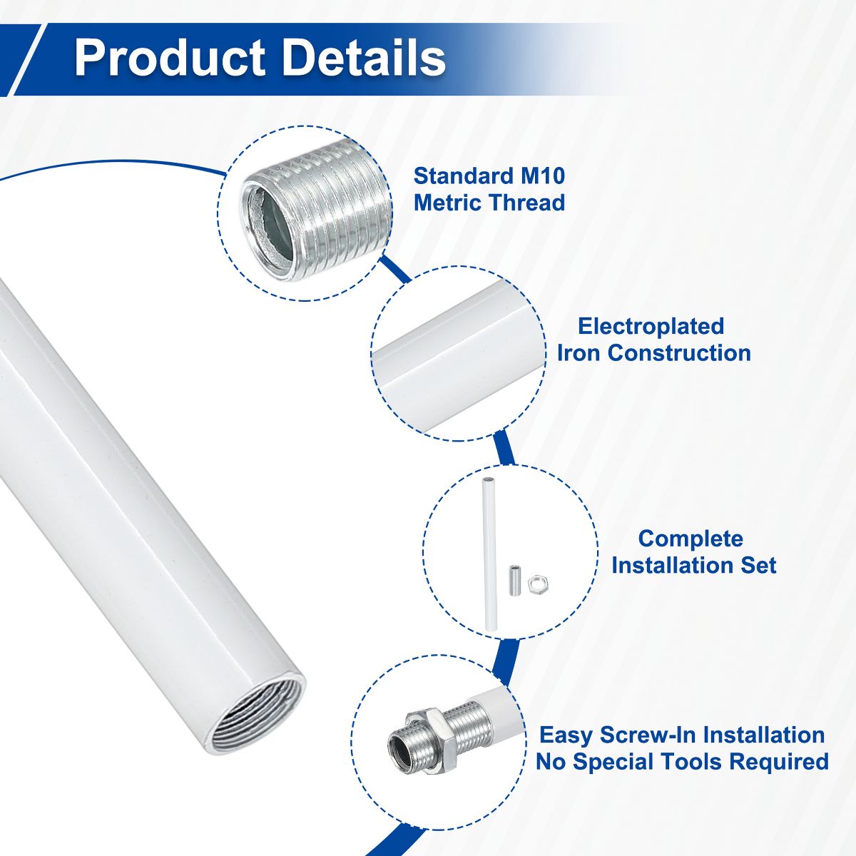 Unique Bargains Indoor Electroplated Iron Threaded Extension Rod Lighting Fixture Downrods White M10 x 15.7" 4 Sets - thumbnail 3
