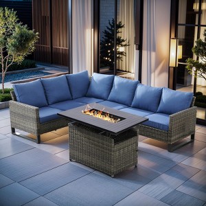 4 Pieces Outdoor Patio Furniture Set with 43" Fire Pit Table, Rattan Patio Sectional Sofa Conversation Set with Propane Fire Pit and Coffee Table - 1 of 4