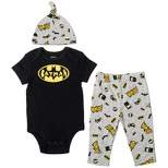 DC Comics Justice League Batman Baby Bodysuit Pants and Hat 3 Piece Outfit Set Newborn to Infant 