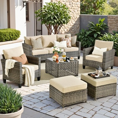 XIZZI Outdoor Sectional Sofa Set, Modular Outdoor Gray Wicker Sofa Set with Optional Solar Table, Ottomans or Fire Pit in 6 Colors, All-Weather Design