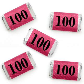 Big Dot of Happiness Chic 100th Birthday - Pink, Black and Gold - Mini Candy Bar Wrapper Stickers - Birthday Party Small Favors - 40 Count