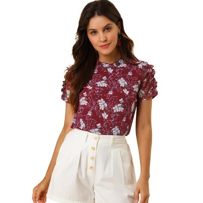 Allegra K Women's Ruffled Neck Chiffon Frill Trim Short Sleeve Floral ...