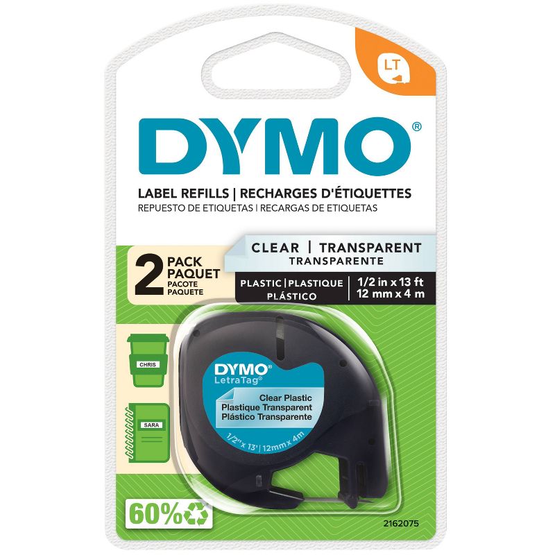 DYMO LetraTag 2pk Label Tape Cassette Black on Clear Plastic, 1 of 9