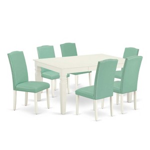 7Pc Dinette Table Set - 42x60" Rectangular Table w/ Leaf & 6 Parsons Chairs - Linen White Legs, Pond PU Leather - 1 of 4
