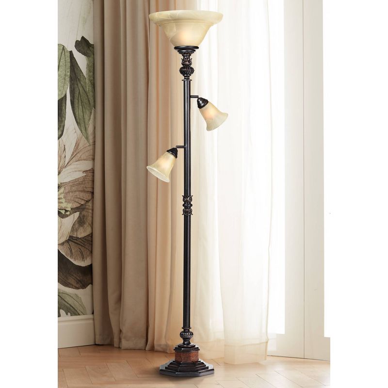 Kathy Ireland Sonnett Vintage Rustic Torchiere Floor Lamp with Side Lights 72" Tall Bronze Champagne Alabaster Glass Shade for Living Room Reading, 2 of 10