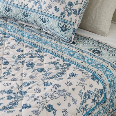 Blue Floral Microfiber Twin Reversible Quilt Set