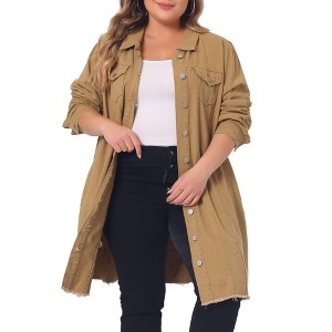 Agnes Orinda Women's Plus Size Stand Collar Buttons Long Sleeve Raw Hem Long Denim Jackets - 1 of 4