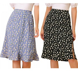 INSPIRE CHIC Women's Floral Ruffle Elastic High Waist Button Flowy Split Skirt 2 Packs - 1 of 4