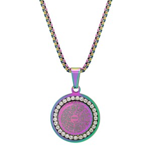 Steeltime 18" Stainless Steel And Simulated Diamonds "Our Father" Prayer Round Pendant. Color Options: Black, Mulicolored - 1 of 4