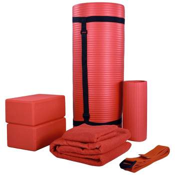 BalanceFrom Fitness 7 Piece Home Gym Yoga Set with 0.5 Inch Thick Yoga Mat, 2 Yoga Blocks, Mat Towel, Hand Towel, Stretch Strap, and Knee Pad, Red