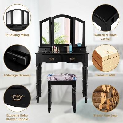 Black MDF Vanity Makeup Table with Tri-Folding Mirror and Bench